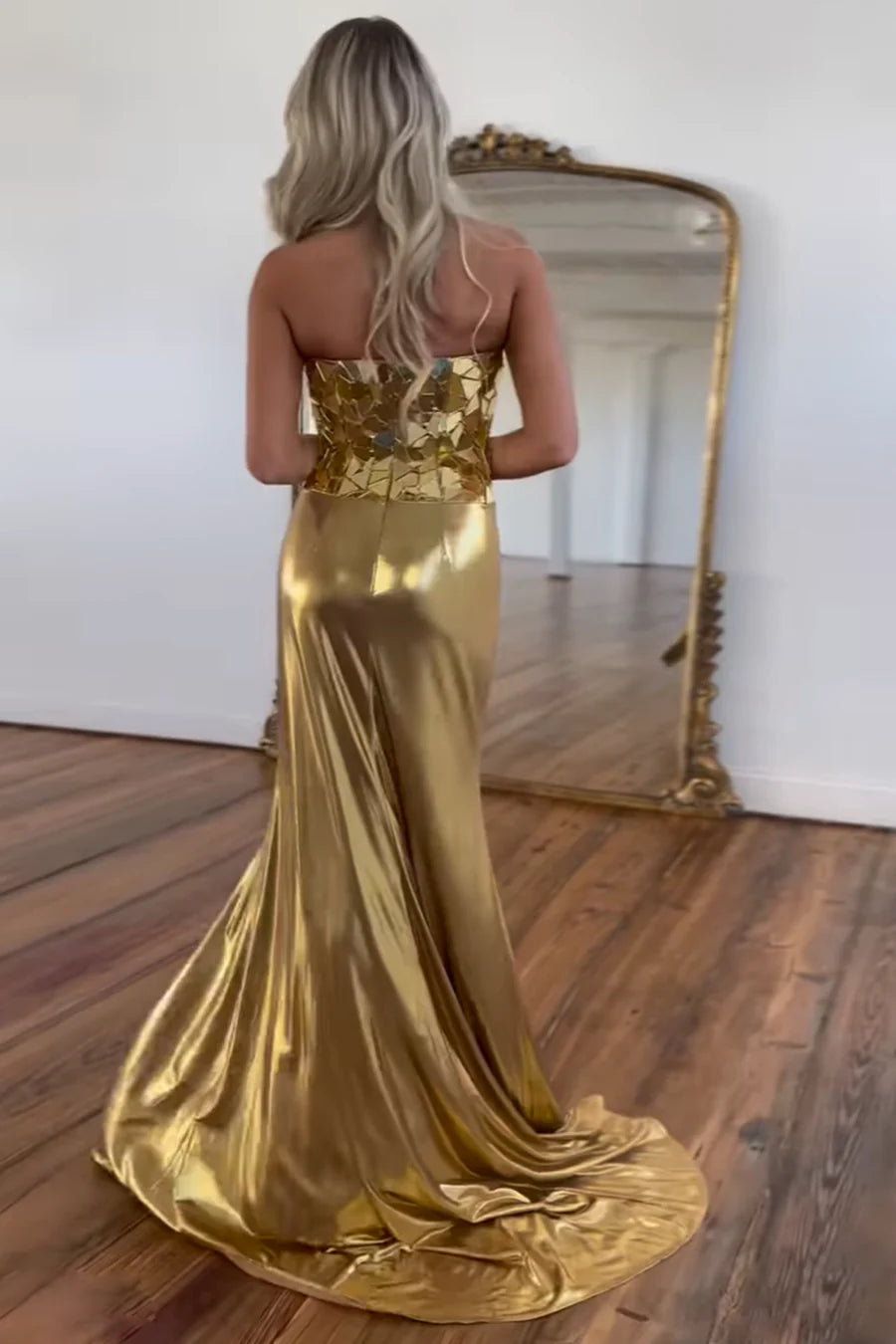 Mermaid Strapless Gold Satin Long formal dresses evening gown Prom Dresses with Beading